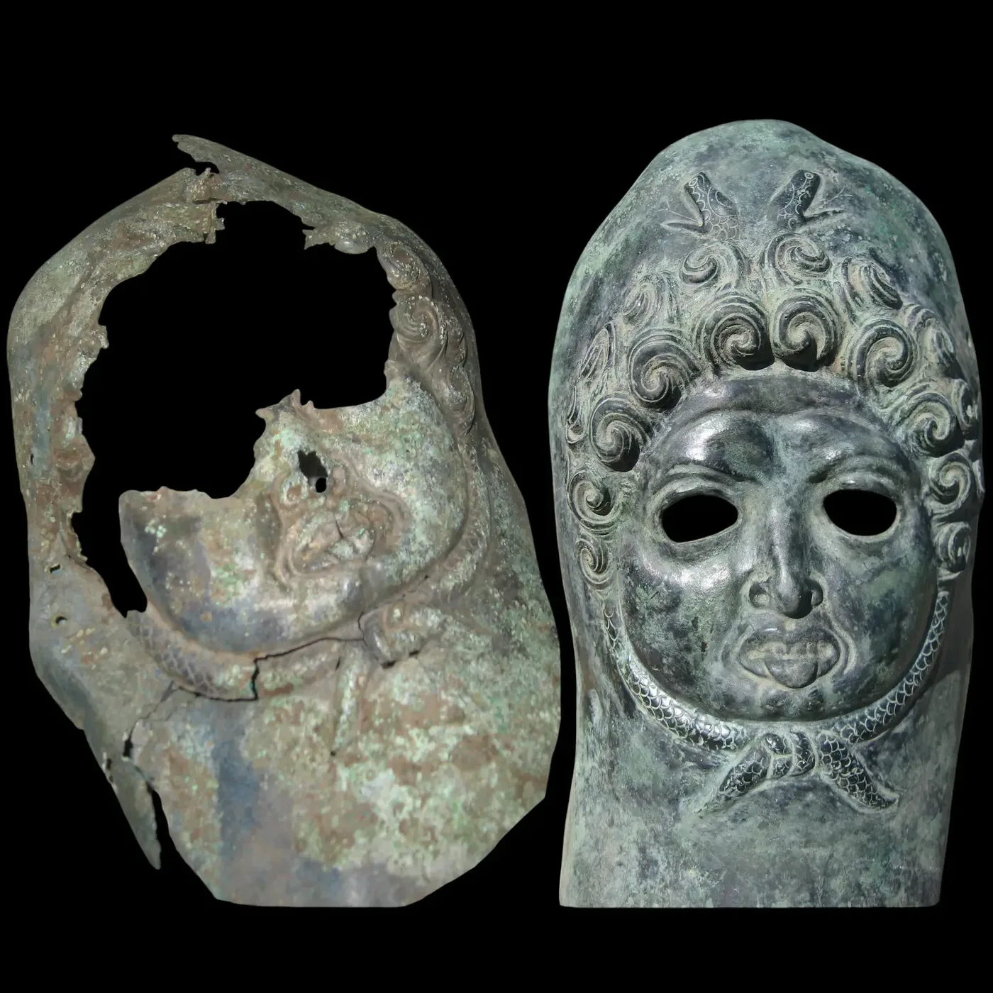 Decorative bronze mask before and after form and texture reconstruction