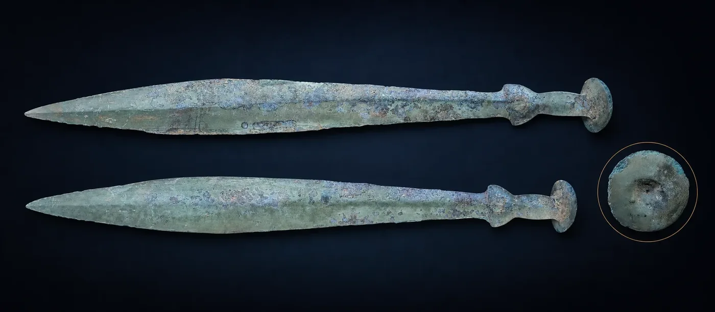 Bronze sword before conservation: both sides and pommel detail