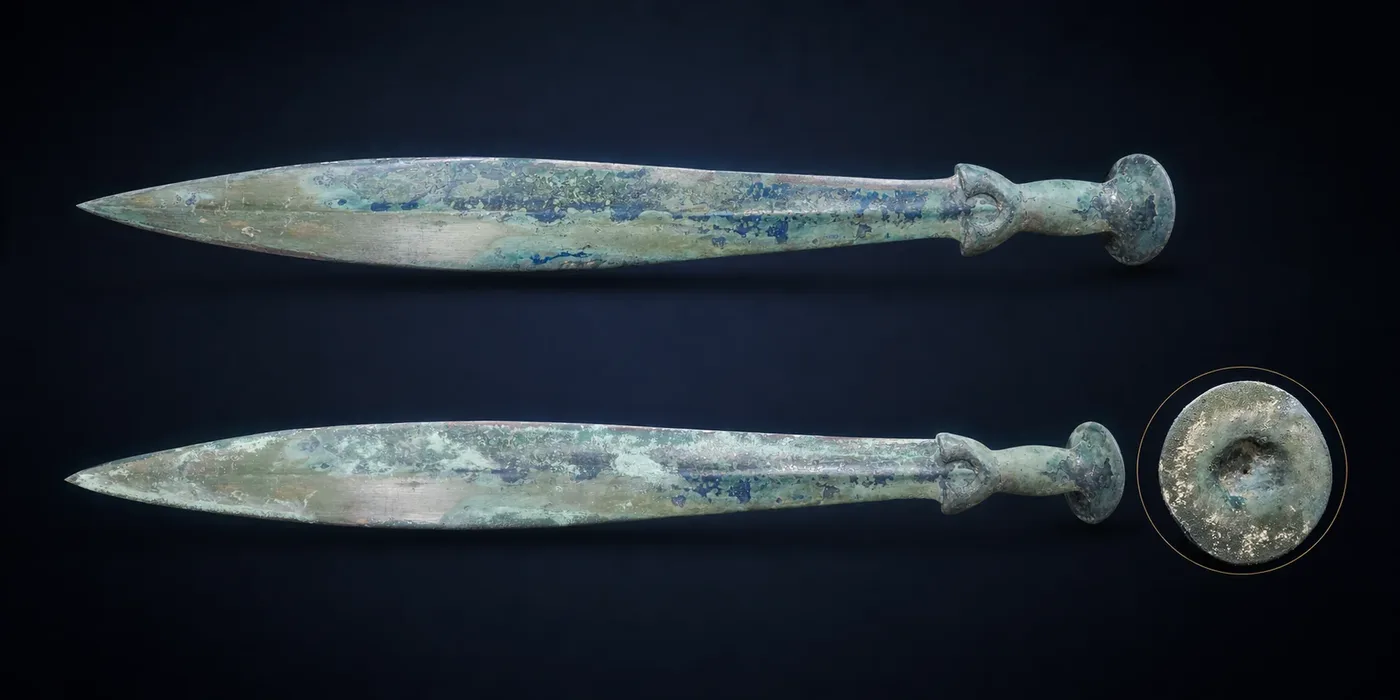 Bronze sword during cleaning and recovery of form: both sides and pommel detail
