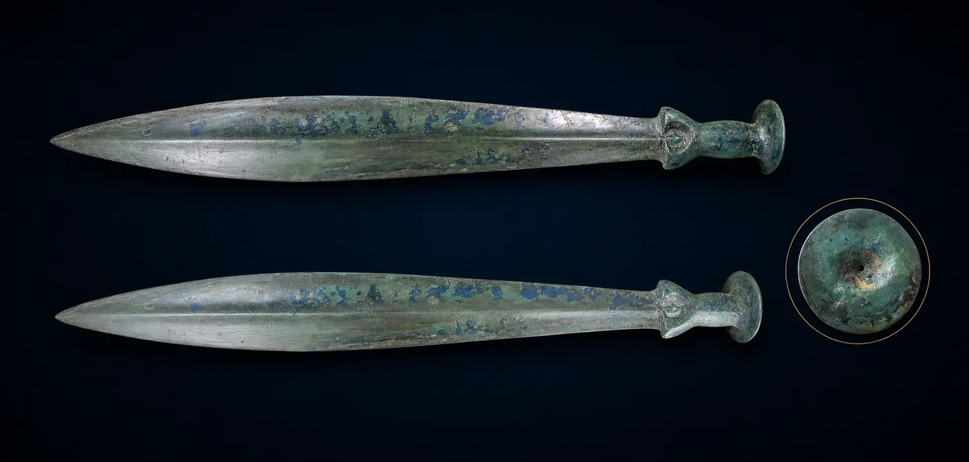 Bronze sword after conservation: both sides and pommel detail